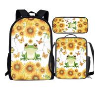 JUDENTIDOS Sunflower Frog Backpack for Girls 3Pcs School Bookbag with Lunch Box and Pencil Case School Bookbag Set for Elementary 3 in 1 School Bag for 3th Grade