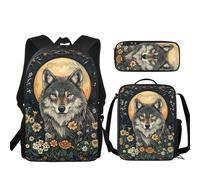 JUDENTIDOS Wolf Moon Floral Backpack for Girls Boys School Bookbag with Lunch Box Pencil Case School Bookbag Set for Elementary 3 in 1 School Bag for 3th Grade Kids Backpack