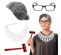 Judge Costume Accessories Set, Judge Fancy Dress Kit with Pearl False Collar, Wooden Judge Gavel Judge Silver-Gray Wig and Plastic Frame Glasses Outfit for Adult Kids Halloween Judge Cosplay Party
