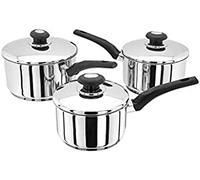 Judge Essential 3-Piece Set of Stainless Steel Pans with Lids, Induction Ready, Dishwasher Safe - 10 Year Guarantee, Silver