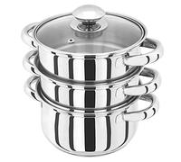 Judge Essential 3-Tier Stainless Steel Steamer - Thermic Base & Vented Glass Lid, Oven-Safe Vegetable Steam Cooker with Cool Handles - Energy-Efficient, Induction Ready Healthy Steamer Cooking - 16cm