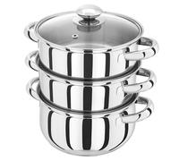 Judge Essentials Stainless Steel 3 Tier Steamer 18cm, Vented Glass Lid, Integral Casserole Pot, Oven Safe, Induction Ready