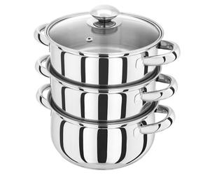Judge Essentials Stainless Steel 3 Tier Steamer 18cm, Vented Glass Lid, Integral Casserole Pot, Oven Safe, Induction Ready