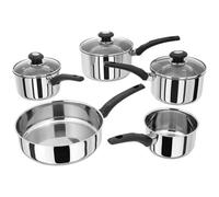 Judge Essentials Stainless Steel Set of Pans, 5-Piece Set, 14cm Milk Pan, 26cm Frying Pan, 16cm, 18cm & 20cm Saucepans with Vented Glass Lids, Induction Ready, 10 Year Guarantee
