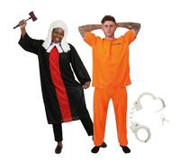 Judge & Prisoner Duo Costume Set - Black & Red Robe, Curly Wig, Gavel, Orange Inmate Scrub Suit & Accessories - Adults Couples Legal Jailbird Fancy Dress Costume
