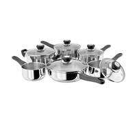 Judge Vista Set of 6 Stainless Steel Pans, 20cm Casserole, 24cm Saute Pan, 16cm, 18cm & 20cm Saucepans with shatterproof Vented Glass Lids, 14cm Milk Pan, Induction Ready, Oven Safe