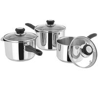 Judge Vista Draining Set of 3 Stainless Steel Pans, 16cm, 18cm & 20cm Saucepans with Pouring Lip and Strainer Lids, Induction Ready, Oven Safe