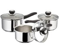 Judge Vista Draining Set of 3 Stainless Steel Pans, 16cm, 18cm & 20cm Saucepans with Pouring Lip and Strainer Lids, Induction Ready, Oven Safe, 25 Year Guarantee, Silver