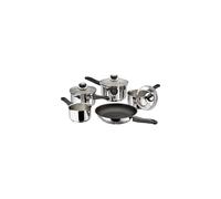 Judge Vista Draining Set of 5 Stainless Steel, 16cm 18cm 20cm Saucepans with Pouring Lip and Strainer Lids, 14cm Milk Pan, 26cm Non-Stick Frying Pan,