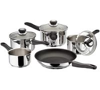 Judge Vista Draining Set of 5 Stainless Steel, 16cm 18cm 20cm Saucepans with Pouring Lip and Strainer Lids, 14cm Milk Pan, 26cm Non-Stick Frying Pan, Induction Ready, Oven Safe