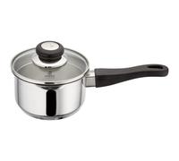 Judge Vista Draining Stainless Steel Medium Saucepan with Pouring Lip 14cm 1L, Shatterproof Glass Strain & Pour Lid, Induction Ready, Oven Safe