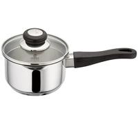 Judge Vista Draining Stainless Steel Medium Saucepan with Pouring Lip 14cm 1L, Shatterproof Glass Strain & Pour Lid, Induction Ready, Oven Safe