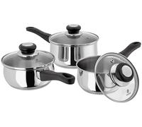 Judge Vista Set of 3 Stainless Steel Pans, 14cm,16cm &18cm Saucepans, Shatterproof Vented Glass Lids, Induction Ready, Oven Safe