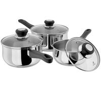 Judge Vista Set of 3 Stainless Steel Pans, 16cm, 18cm & 20cm Saucepans, Shatterproof Vented Glass Lids, Induction Ready, Oven Safe