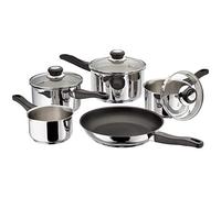 Judge Vista Set of 5 Stainless Steel Draining Pans in Gift Box - 16cm 18cm 20cm Saucepans with Lids, 14cm Milk Pan, 26cm Non-Stick Frying Pan, Induction Ready, 25 Year Guarantee