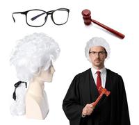 Judge Wig and Gavel Set - 3 Pcs Judge Costume Accessories with White Lawyer Wig, Mini Wooden Gavel, Black Glasses for Courtroom Cosplay, Halloween, Fancy Dress & Theme Party Outfits