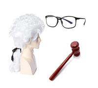 Judge Wig & Gavel Costume Set - 2 Pcs Judge Costume Accessories, White Lawyer Wig with Mini Wooden Gavel, Courtroom Cosplay Set for Halloween, Role-Playing, Theme Parties Cosplay Accessories
