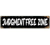 Judgment Free Zone Slim Tin Sign Street Funny Metal Sign Wall Decor for Bedroom Farm Home Bar Garage Man Cave Wall Art Gift 4" by 16"