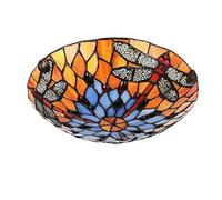JUDU Vintage Tiffany Style 12/16Inch Stained Glass Dragonfly Style Flush Mount Ceiling Light Fixture with Stained Glass Shade Hanging Tiffany Lamps for Dinner Room Living Room (Dragonfly 40cm)