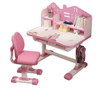 Juebueix 2Pcs/Set Kids Table and Chairs,Multi Bookstand Widened Desktop Desk Chair Set, girls desk, Cartoon Pattern Kids Adjustable Height Study Drawer Table with Chair Set Pink
