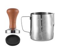 Juego de 3 herramientas para café, jarra para espumar Leche de Acero inoxidable, 12 oz, 350 ml, con Escala, Base Plana de 51 mm, Mango de y almohadilla de almacenamiento de