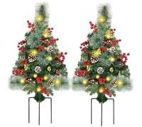 Juegoal 2 Pack 30 Inch Pre-Lit Pathway Christmas Trees, Artificial Christmas Urn Filler with 60 LED Lights, Red Berries, Pine Cones & Balls Ornaments, Battery Operated Holiday Decor for Driveway, Yard
