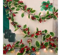 Juegoal 2 Pack Christmas Garlands, 9FT Pre-lit Red Berries & Holly Leaves Garland, Artificial Lighted Garland Battery Operated with Timer, Indoor Outdoor Xmas Fireplace Gate Home Winter New Year Decor