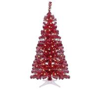 Juegoal 4 FT Pre-lit Artificial Christmas Tree, Lighted Red Tinsel Pine Spruce Tree with 70 LED Lights, 8 Modes & Timer, Xmas Holiday Home Party Decor