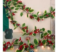 Juegoal Christmas Garland, 9FT Pre-lit Red Berries & Holly Leaves Garlands, Artificial Lighted Berry Garland Battery Operated with Timer, Indoor Outdoor Xmas Fireplace Gate Home Winter New Year Decor