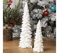 Juegoal Christmas Tree Table Decorations Set of 2, 9.5" White Glittered Xmas Pine Trees, Winter Snow Ornaments Tabletop Resin Trees Dinner Holiday Party Supplies Winter Mantle Shelf Centerpieces Decor