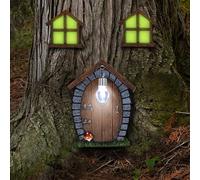 Juegoal Fairy Gnome Home Miniature Window and Door with Litter lamp for Trees Decoration, Glow in Dark Fairies Sleeping Door and Windows, Yard Art Garden Sculpture, Lawn Ornament Decor