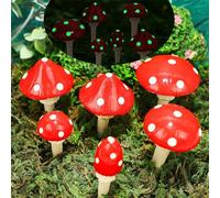 Juegoal Set of 6 Fairy Garden Miniature Mushrooms Statues, Glow in Dark Mini Red Mushroom Resin Figurines, Outdoor Garden Yard Art Accessories, Fly Agarics Sculpture Lawn Ornament Decorations