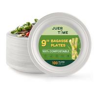 Juertime Strong Paper Plates 9 inch- 100 Pack Heavy Duty Disposable Bagasse Plates - Eco-Friendly, Compostable, Biodegradable - Perfect for Party, Picnic, BBQs