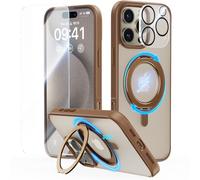 JUESHITUO for iPhone 16 Pro Case: 360° Spin Magnetic Stand, Full Camera Protection, Fit for MagSafe, Military Grade Shockproof Protective Phone Cover with Kickstand Ring Holder, Brown