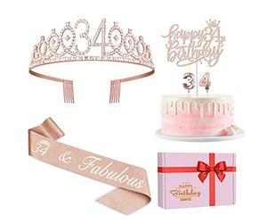 Juesly 34th Birthday Decorations for Women Rose Gold Party Supplies | 34th Birthday Sash and Crown, Cake Topper and Candles 34, 34th Birthday Gifts for Women