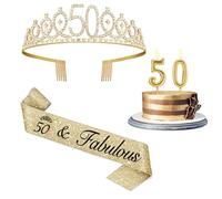 Juesly 50th Birthday Decorations for Her with 50th Birthday Crown, 50 Sash for Women, Candles Gold, Gifts for 50 Year Old Woman