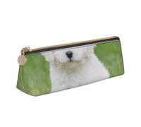 JUEXDEME Bichon Frise Dog Leather Pencil Case Slim Design Pen Bag with Metallic Zipper Pocket Size for Or Student Office College Middle School