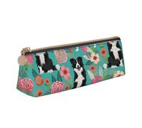 JUEXDEME Border Collie Florals Leather Pencil Case Slim Design Pen Bag with Metallic Zipper Pocket Size for Or Student Office College Middle School