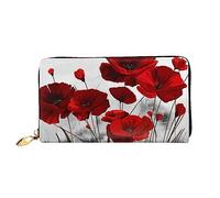 JUEXDEME Leather Women's Red Poppy Flower Wallets Large Capacity Card Holder Ladies Purse with Multiple Card Slots Long Ladies Purse with Zipper Compartment 19cm*10.5cm Ladies Purses Soft Leather