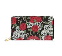 JUEXDEME Leather Women's Skull and Red Rose Wallets Large Capacity Card Holder Ladies Purse with Multiple Card Slots Long Ladies Purse with Zipper Compartment 19cm*10.5cm Ladies Purses Soft Leather