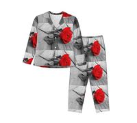 JUEXDEME Women'S A Red Rose Pyjama Set Printed Long Sleeve Button Down Pyjamas Two Piece Comfy Sleepwear And Loungewear Set Full-Length Bottom Pyjama Set