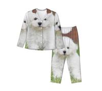 JUEXDEME Women'S Bichon Frise Dog Pyjama Set Printed Long Sleeve Button Down Pyjamas Two Piece Comfy Sleepwear And Loungewear Set Full-Length Bottom Pyjama Set Black