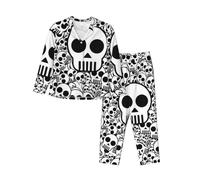 JUEXDEME Women'S Black And White Skulls Pyjama Set Printed Long Sleeve Button Down Pyjamas Two Piece Comfy Sleepwear And Loungewear Set Full-Length Bottom Pyjama Set