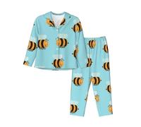 JUEXDEME Women'S Cartoon Bee Pattern Pyjama Set Printed Long Sleeve Button Down Pyjamas Two Piece Comfy Sleepwear And Loungewear Set Full-Length Bottom Pyjama Set Black