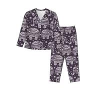 JUEXDEME Women'S Cartoon Cute Elephant Pyjama Set Printed Long Sleeve Button Down Pyjamas Two Piece Comfy Sleepwear And Loungewear Set Full-Length Bottom Pyjama Set Black