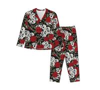 JUEXDEME Women'S Cool Skull Head And Roses Pyjama Set Printed Long Sleeve Button Down Pyjamas Two Piece Comfy Sleepwear And Loungewear Set Full-Length Bottom Pyjama Set