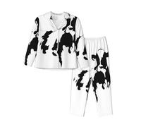 JUEXDEME Women'S Cow In Black And White Pyjama Set Printed Long Sleeve Button Down Pyjamas Two Piece Comfy Sleepwear And Loungewear Set Full-Length Bottom Pyjama Set