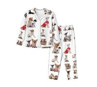 JUEXDEME Women'S Cute Chihuahua Pug Pattern Pyjama Set Printed Long Sleeve Button Down Pyjamas Two Piece Comfy Sleepwear And Loungewear Set Full-Length Bottom Pyjama Set Black