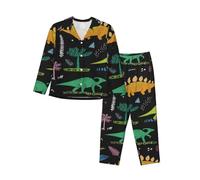 JUEXDEME Women'S Dinosaur Palm Leaf Pyjama Set Printed Long Sleeve Button Down Pyjamas Two Piece Comfy Sleepwear And Loungewear Set Full-Length Bottom Pyjama Set Black