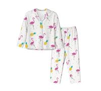 JUEXDEME Women'S Flamingo And Pineapple Pyjama Set Printed Long Sleeve Button Down Pyjamas Two Piece Comfy Sleepwear And Loungewear Set Full-Length Bottom Pyjama Set Black